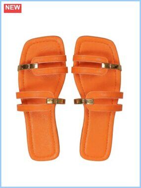 Faux Leather Metallic Cut Out Square Toe Slip On Flat Sandals